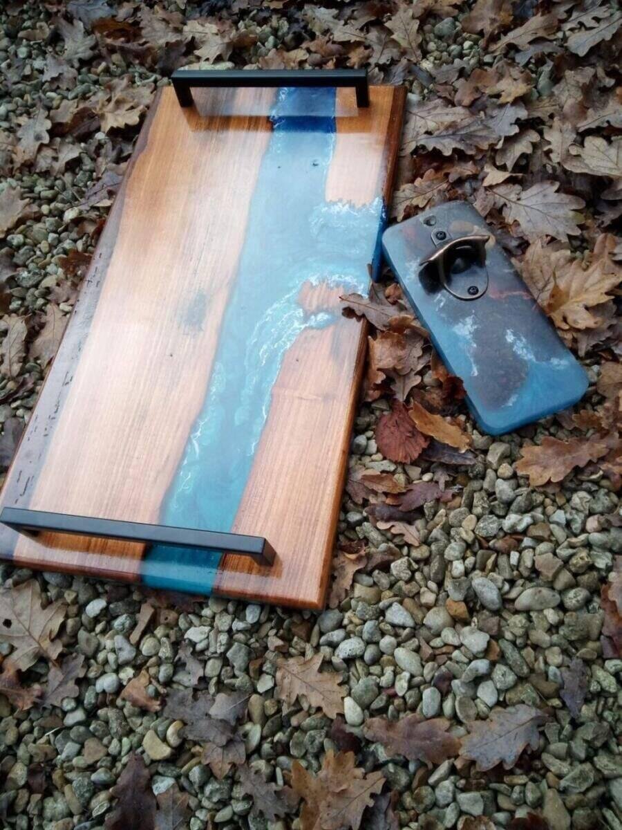 Ensemble Plateau (54×28) et Décapsuleur Époxy Thème Marin (Merisier 60 Ans)