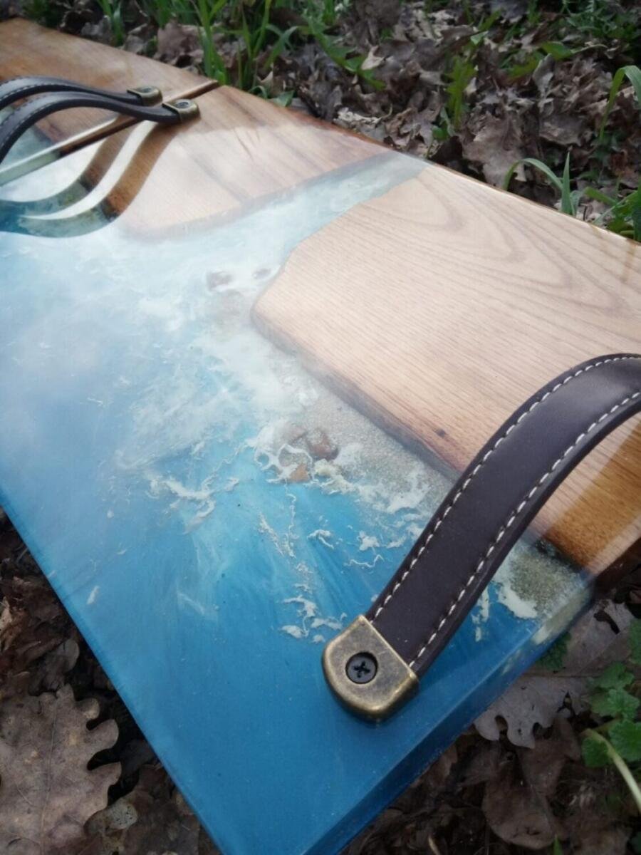 Duo de Plateaux de Service « Rives Marines » en Chêne Massif et Résine Époxy (2x 40×25 cm) – vue d’ensemble