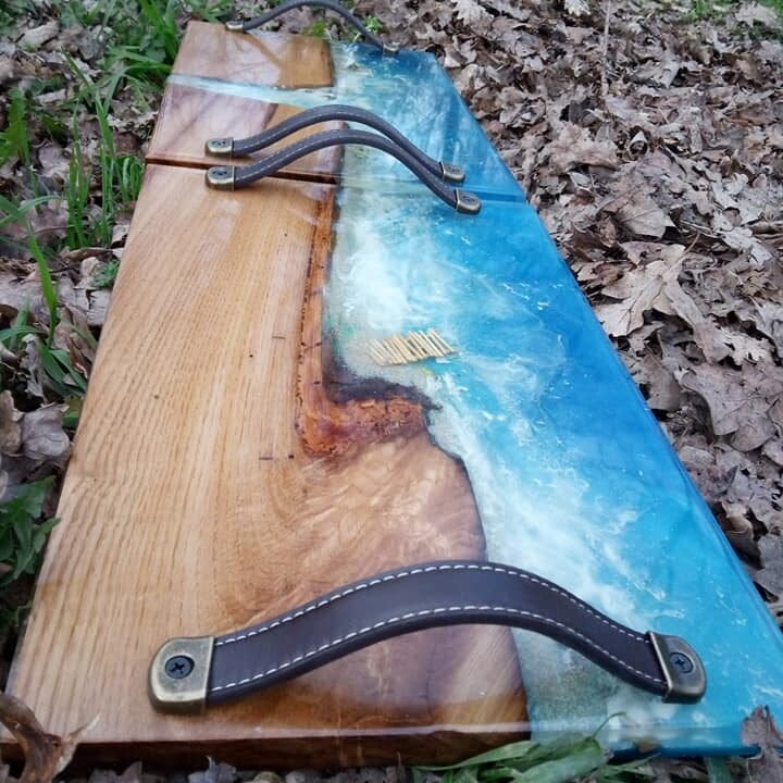 Duo de Plateaux de Service « Rives Marines » en Chêne Massif et Résine Époxy (2x 40×25 cm)