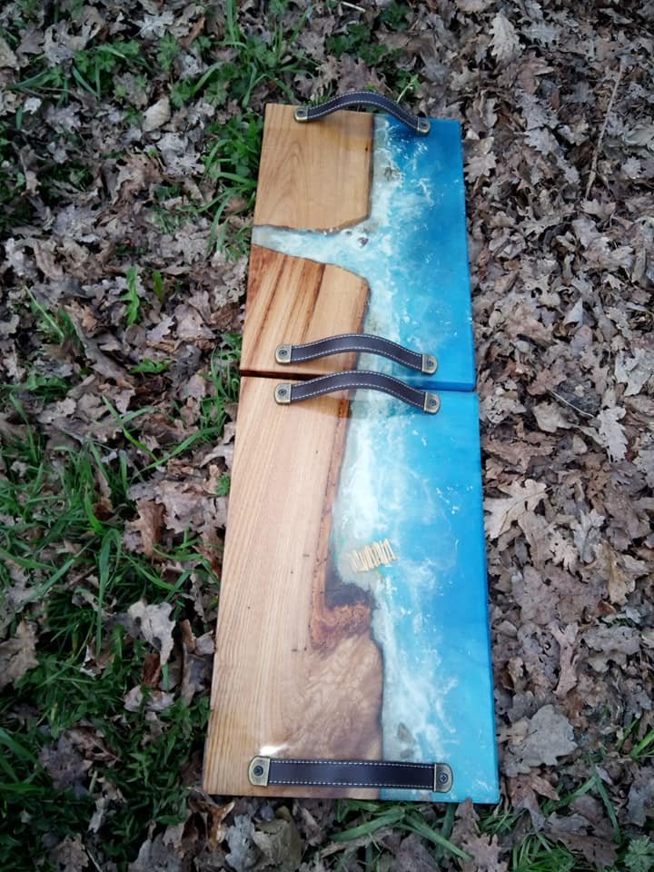 Duo de Plateaux de Service « Rives Marines » en Chêne Massif et Résine Époxy (2x 40×25 cm)