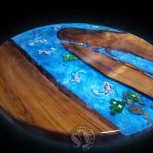 Table basse Koï en merisier massif et résine