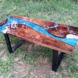Table Basse « River Table » en Noyer Échauffé & Résine Époxy Océan 3D