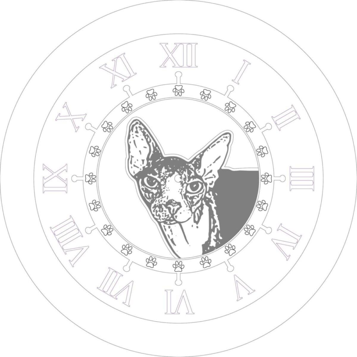 Horloge Murale Artisanale Chêne Massif & Époxy Violet – Chat Sphynx Personnalisé (Diamètre 35 cm) – vue de détail